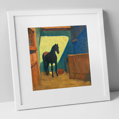 The Sunlit Stall horse stable art print in white frame