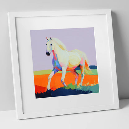 Vibrant Stride horse breed art print in white frame