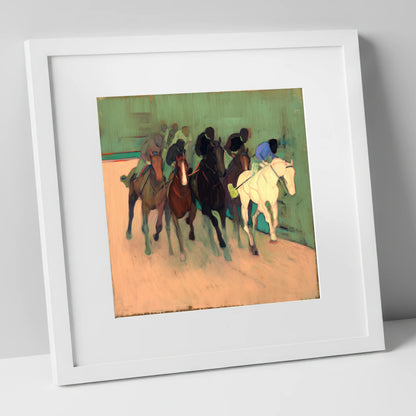 The Front Runners racing horse art print in white frame