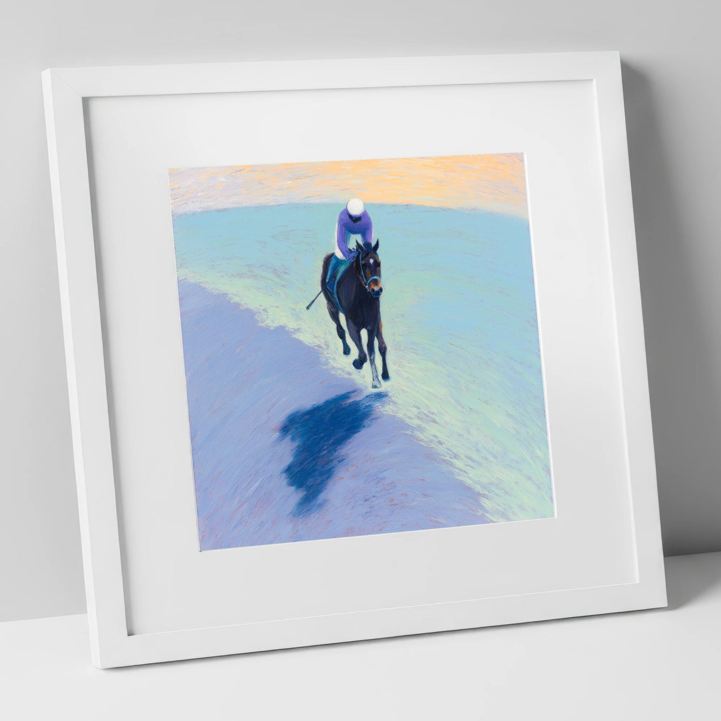 Morning On The Gallops racing horse art print in white frame
