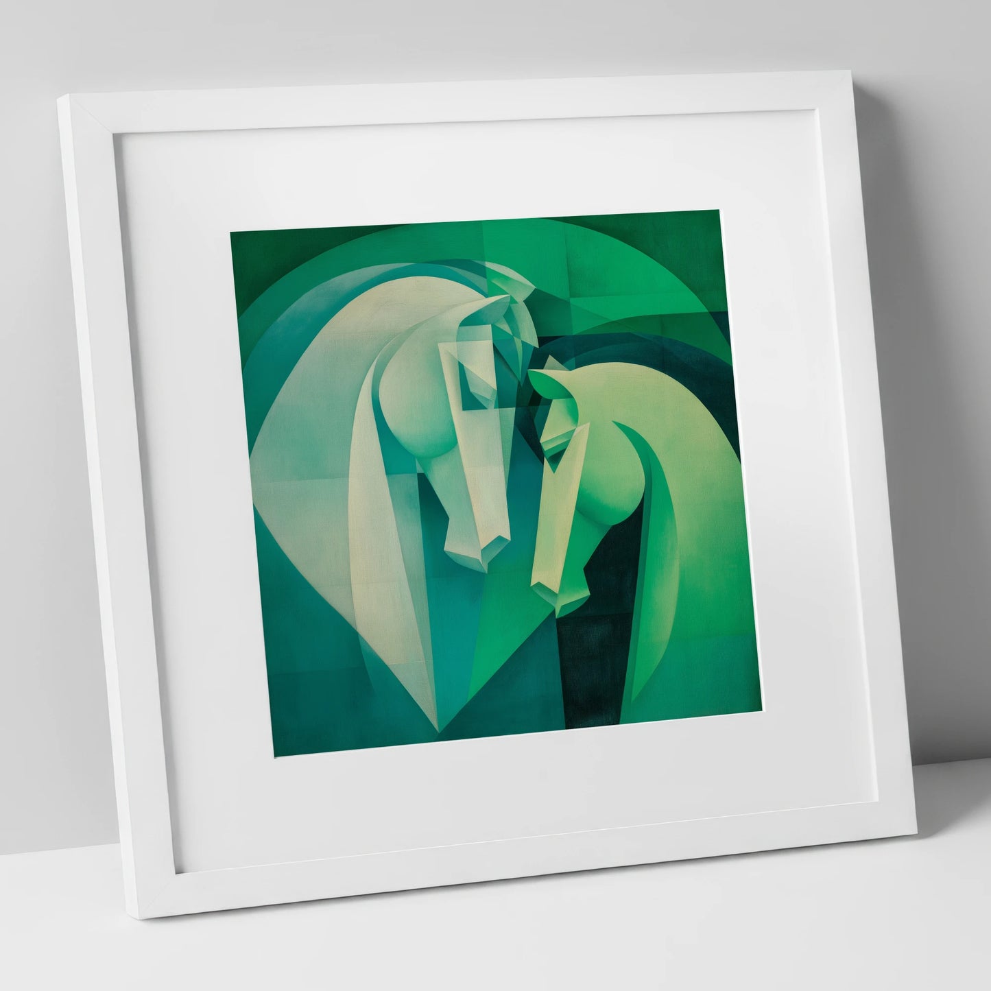 Verdant Harmony horse portrait art print in white frame