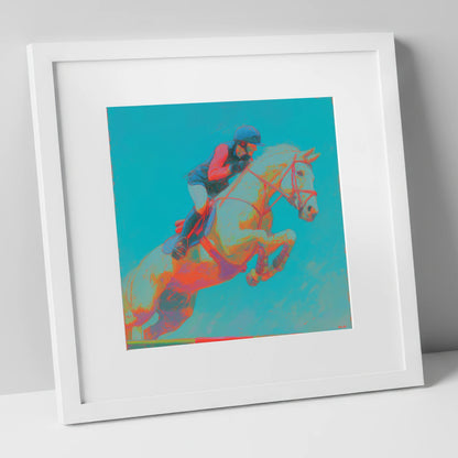 Technicolour Flight show jumping horse art print in white frame