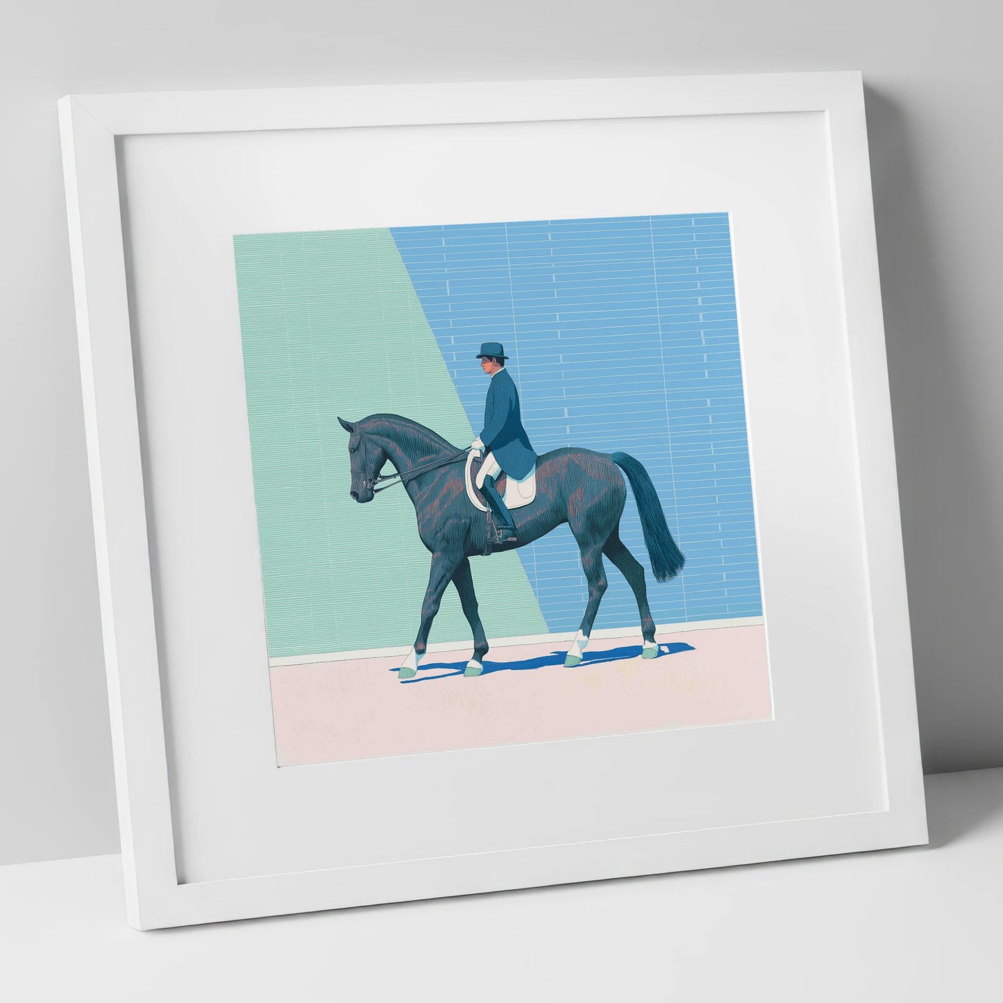 Rhythmic Precision dressage horse art print in white frame