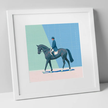 Rhythmic Precision dressage horse art print in white frame