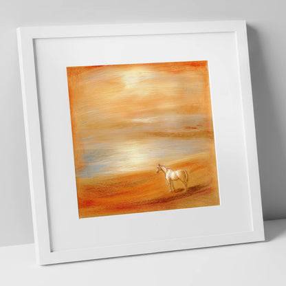 Amber Horizon horse landscape art print in white frame