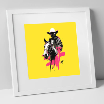 Magenta Western Rider western horse art print in white frame