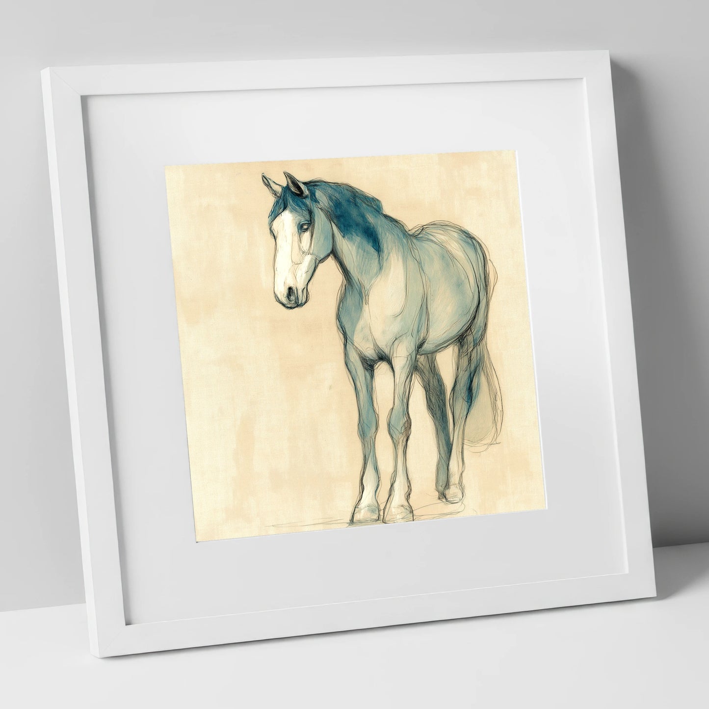 Azure Equine Sketch horse portrait art print in white frame