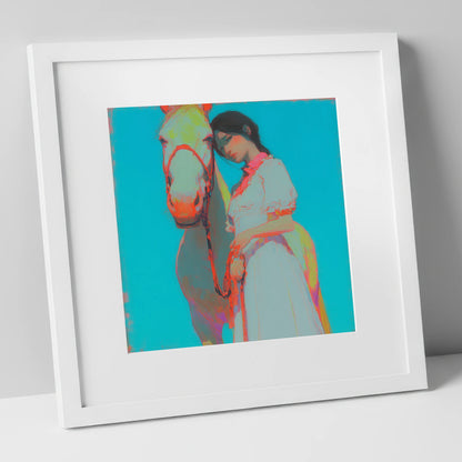 Electric Bond horse & rider art print in white frame