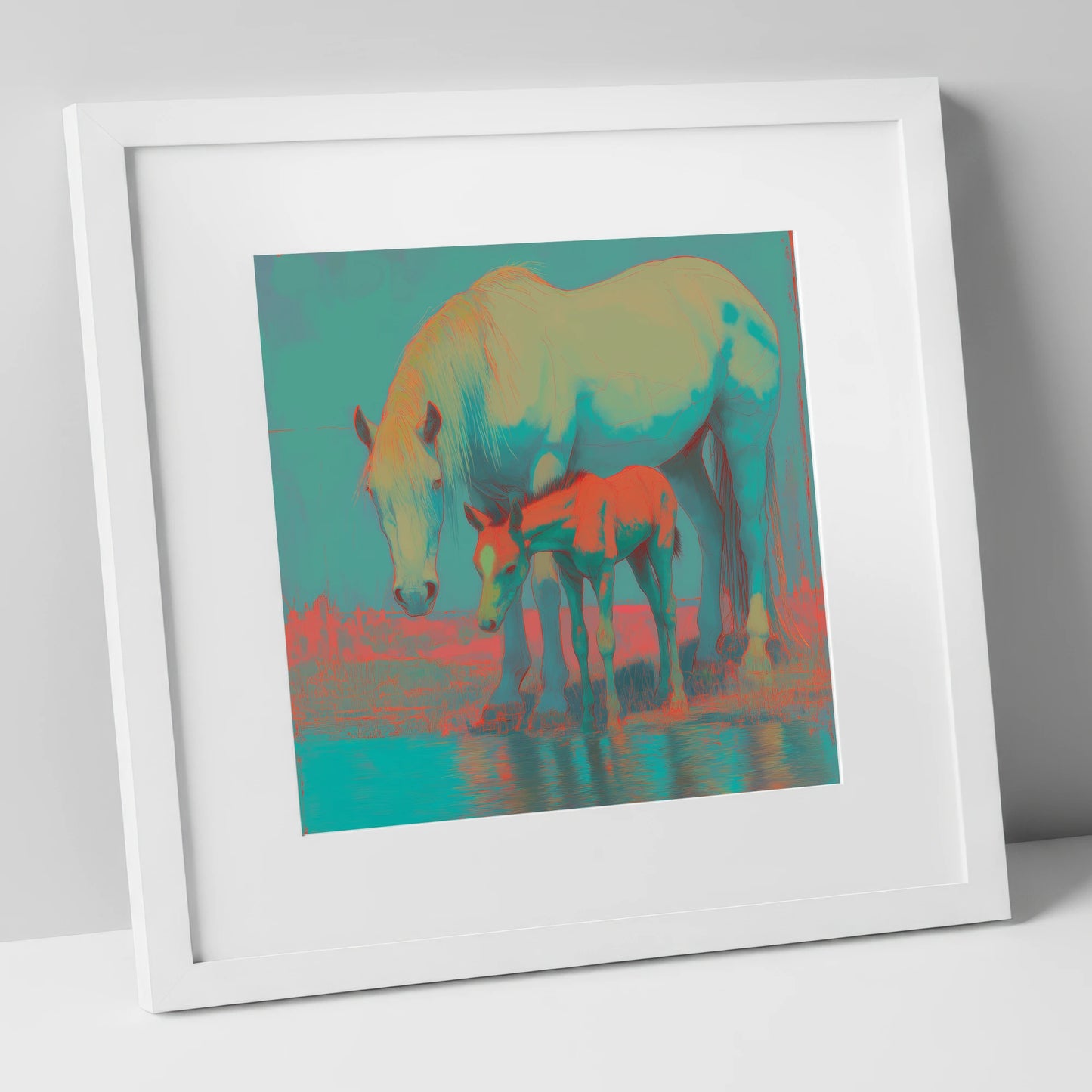 Electric Shoreline Bond mare & foal art print in white frame