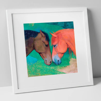 Gentle Companions horse portrait art print in white frame