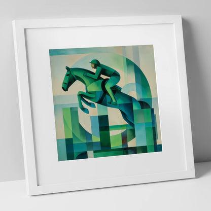 Emerald Ascent show jumping horse art print in white frame