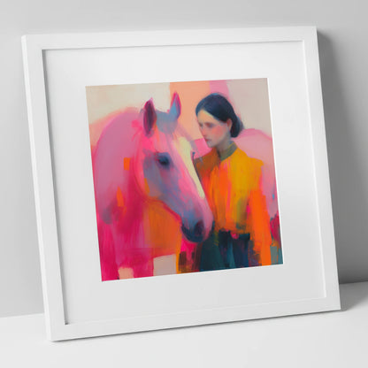 A Vivid Bond horse & rider art print in white frame