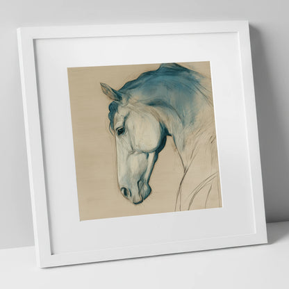 Teal Wash Equine Profile horse portrait art print in white frame