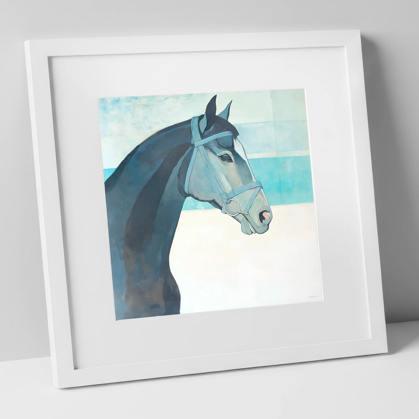 Serene Aquamarine Profile racing horse art print in white frame