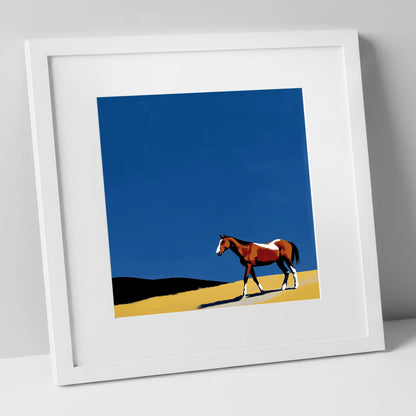 The Cobalt Horizon horse landscape art print in white frame