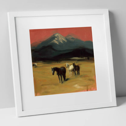 Crimson Sky Pastures horse landscape art print in white frame