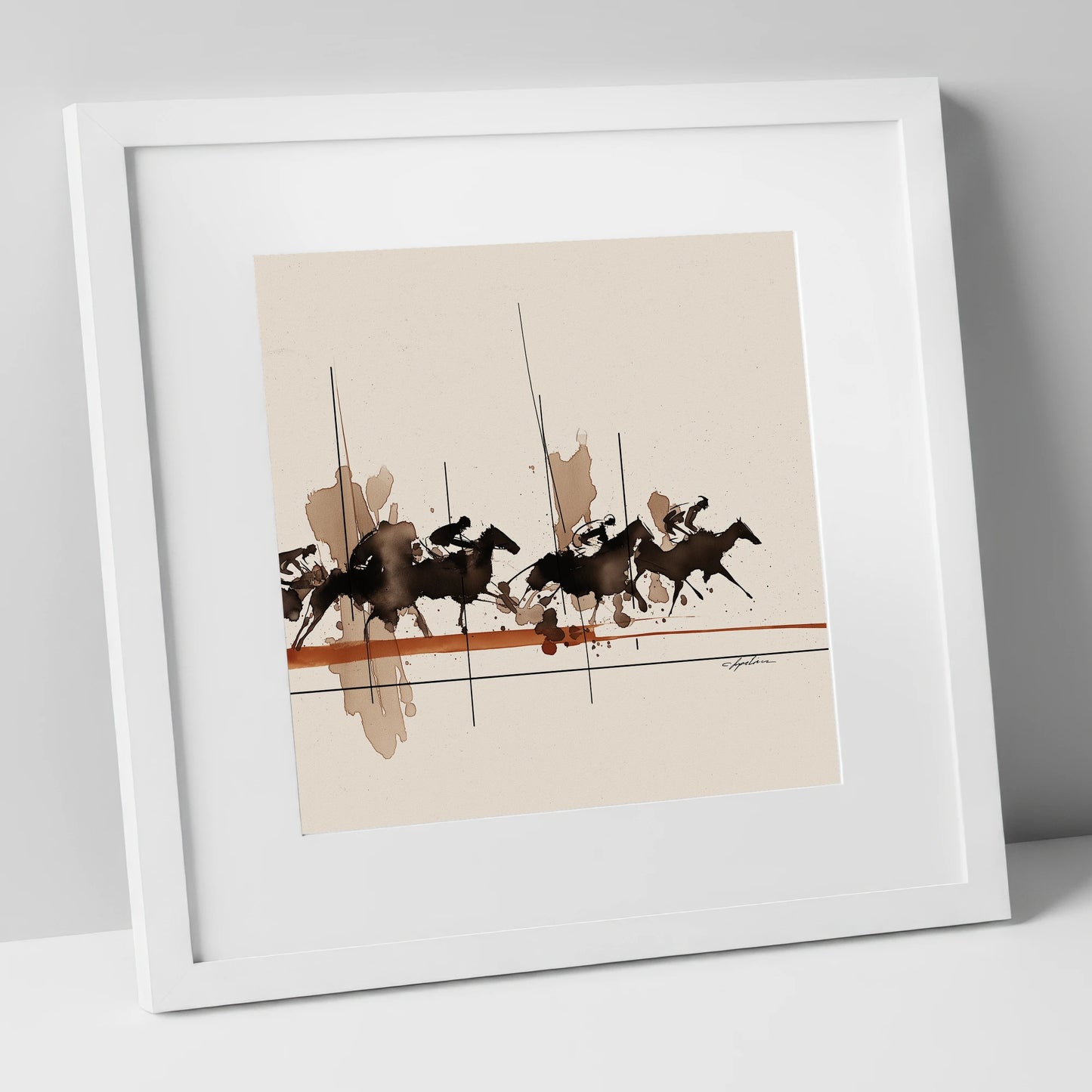 Surge to the Wire racing horse art print in white frame