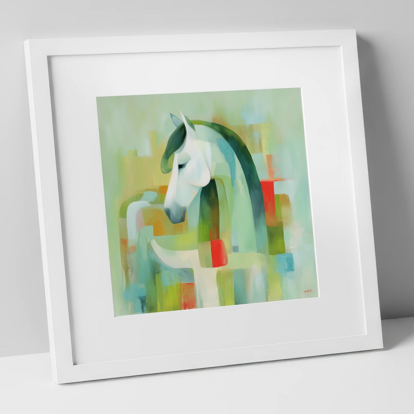 Modernist Mint Profile horse breed art print in white frame