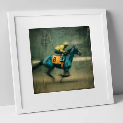 Number Eight at Speed racing horse art print in white frame