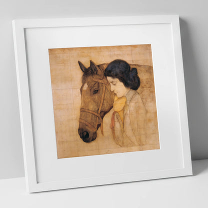 The Silent Bond horse & rider art print in white frame