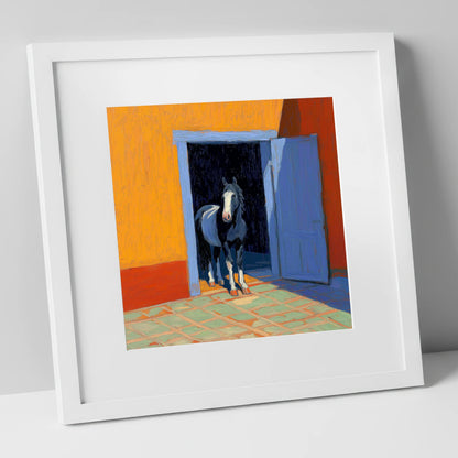 Sunlit Stable Doorway horse stable art print in white frame