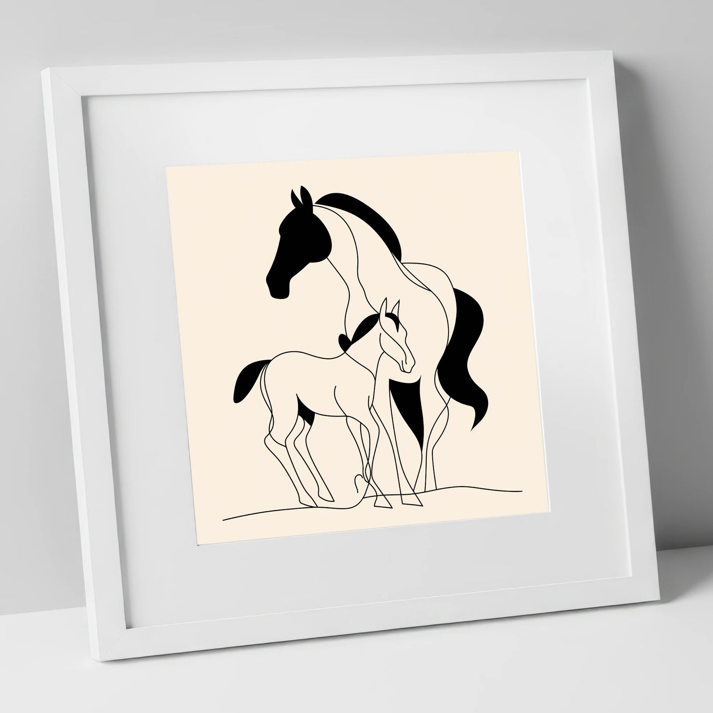 Tender Bond Line Art mare & foal art print in white frame