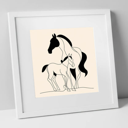 Tender Bond Line Art mare & foal art print in white frame