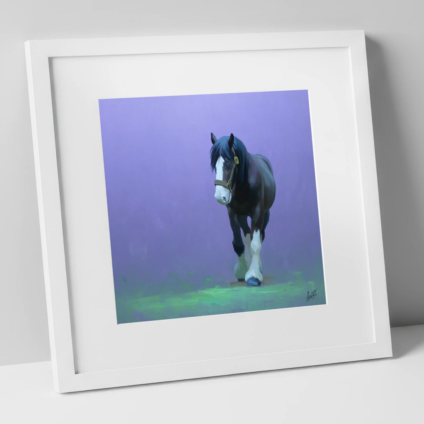 The Stepping Cob horse breed art print in white frame