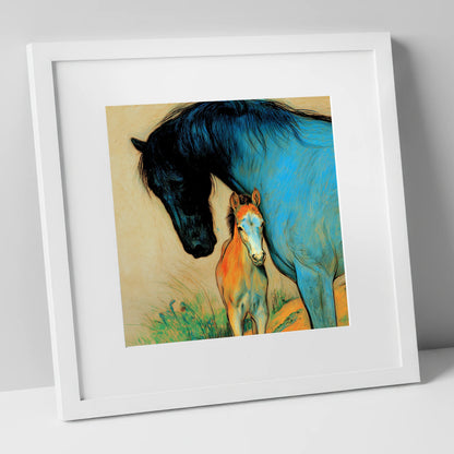 Vivid Devotion mare & foal art print in white frame