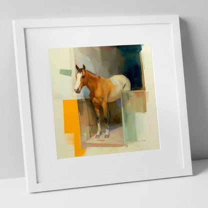 Vibrant Stable Doorway horse stable art print in white frame