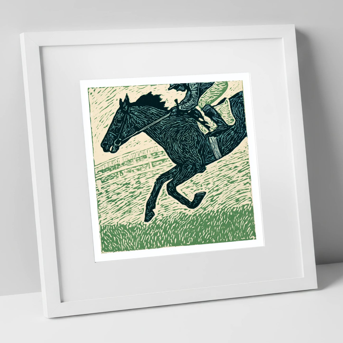 Thunder on the Turf racing horse art print in white frame