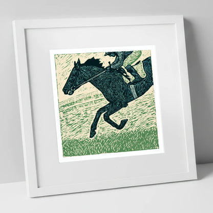 Thunder on the Turf racing horse art print in white frame