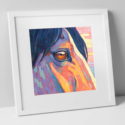 The Vivid Gaze horse portrait art print in white frame