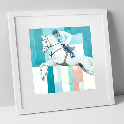 Aquamarine Ascent show jumping horse art print in white frame