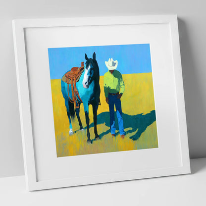 Vibrant High Plains Companion western horse art print in white frame