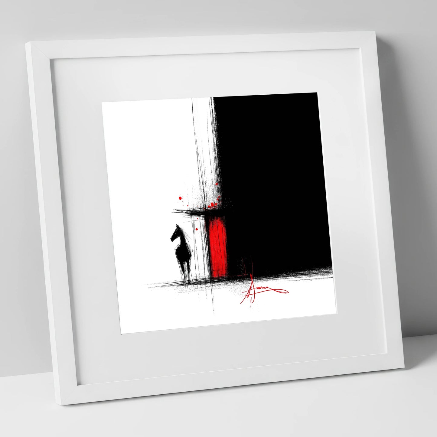 Crimson Stable Door horse stable art print in white frame