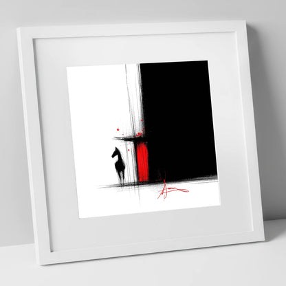 Crimson Stable Door horse stable art print in white frame