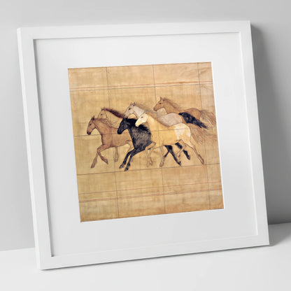Classical Herd Study wild horses art print in white frame