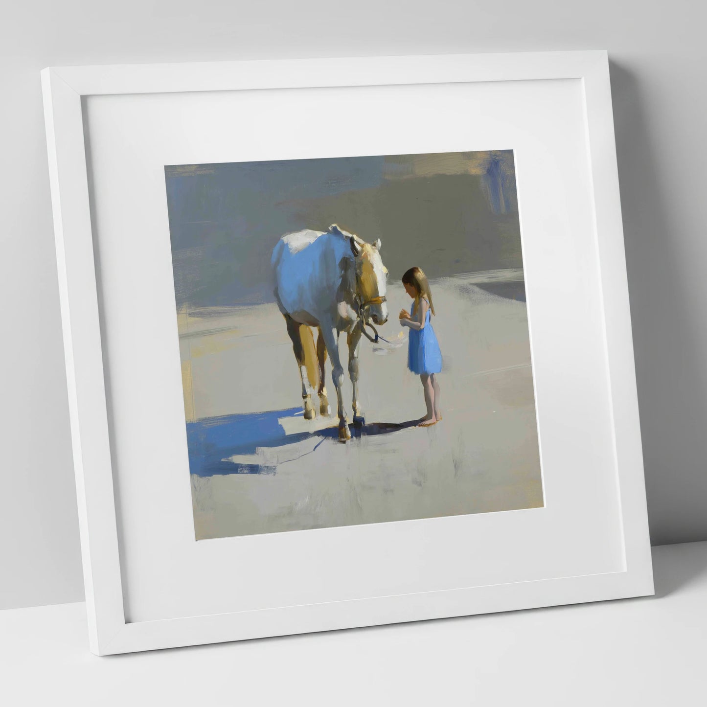 Sunlit Trust horse & rider art print in white frame