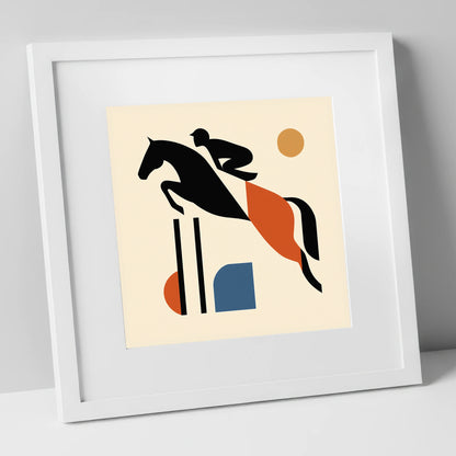 Retro Airborne Ascent show jumping horse art print in white frame