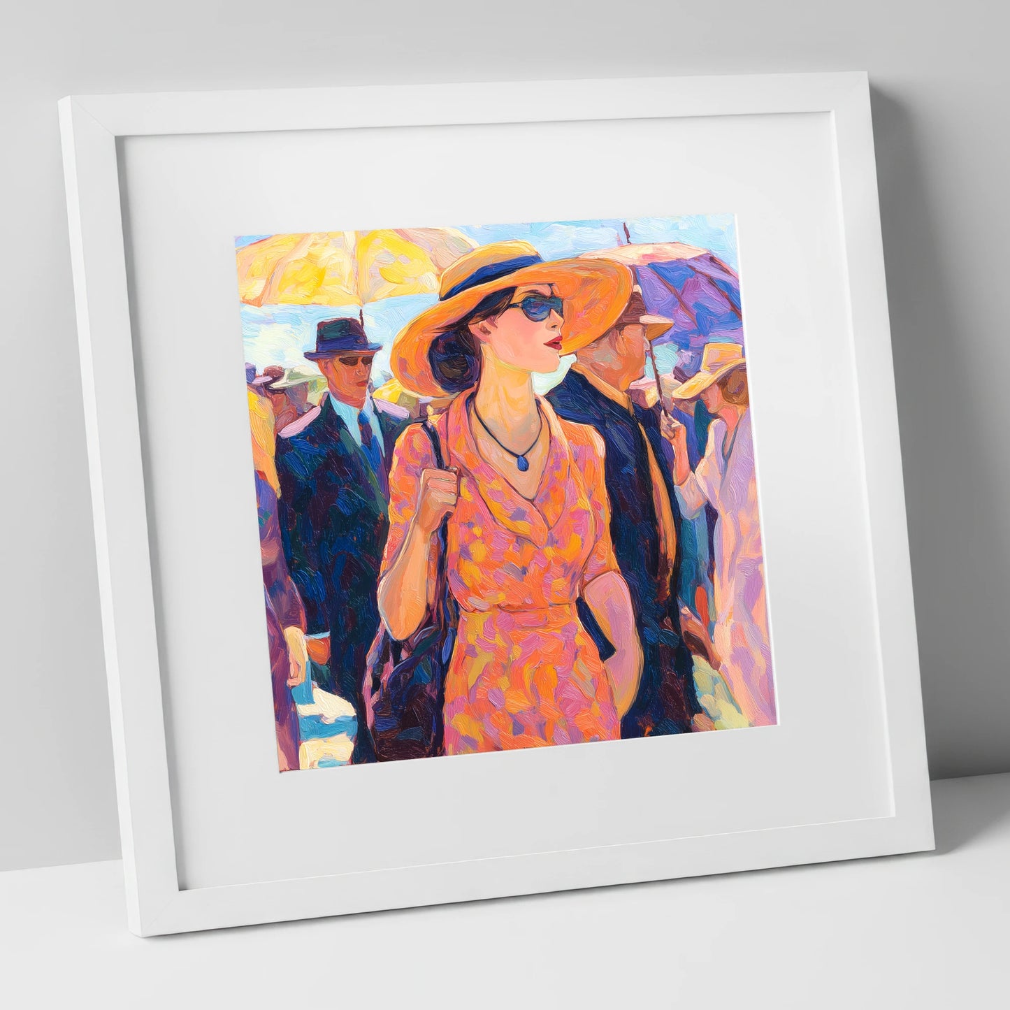 Race Day Glamour racing horse art print in white frame