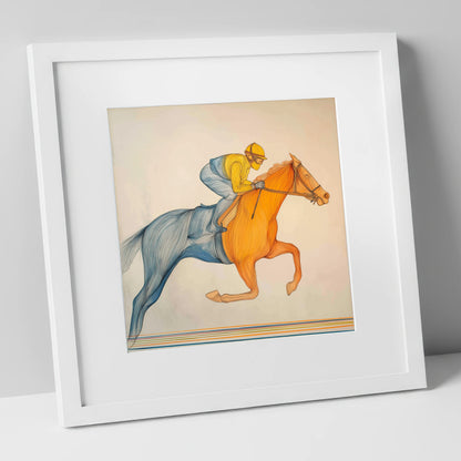 The Fluid Stride racing horse art print in white frame