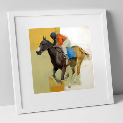 Full Stretch Momentum racing horse art print in white frame
