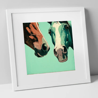 Inquisitive Companions horse portrait art print in white frame