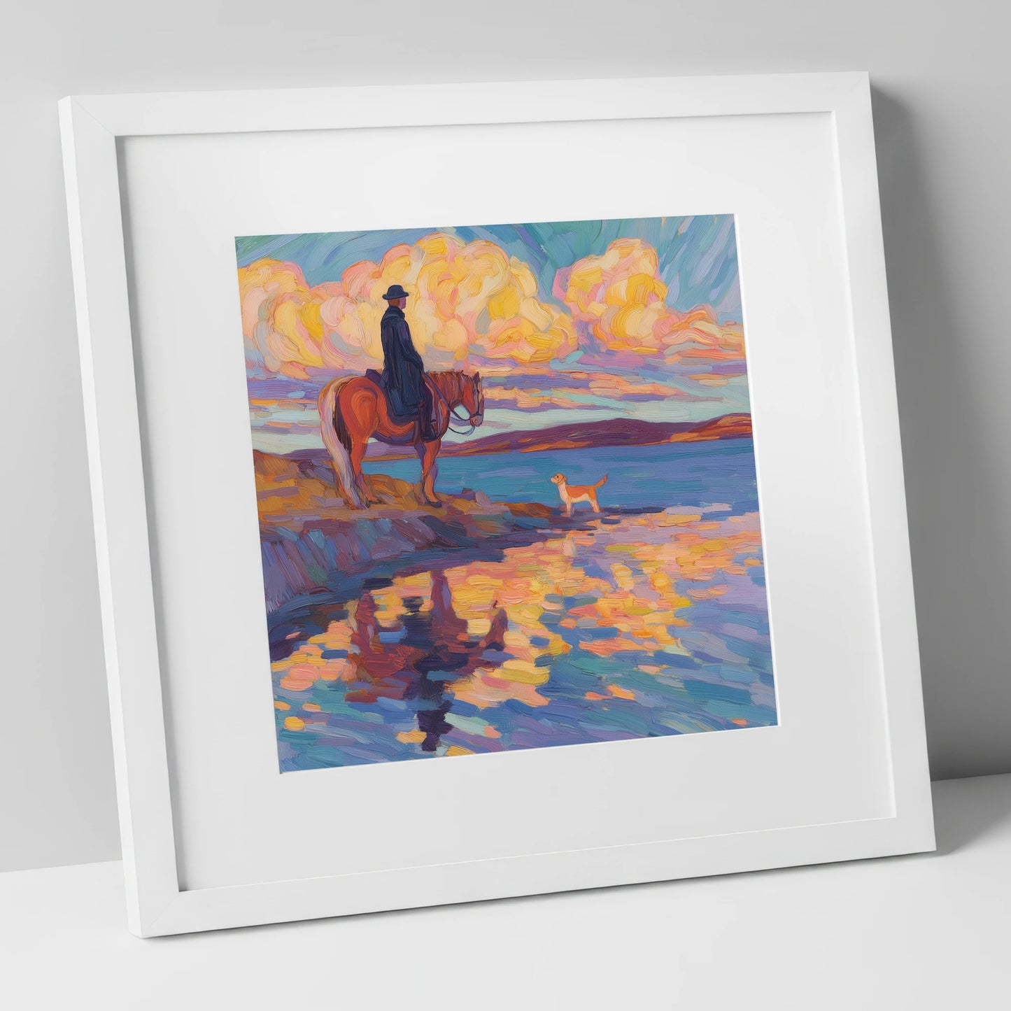 Evening Tide Halt beach horse art print in white frame