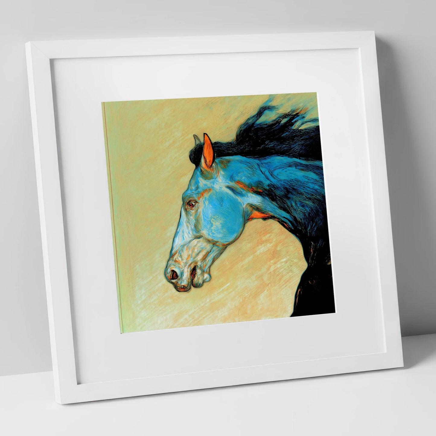 Cerulean Spirit racing horse art print in white frame