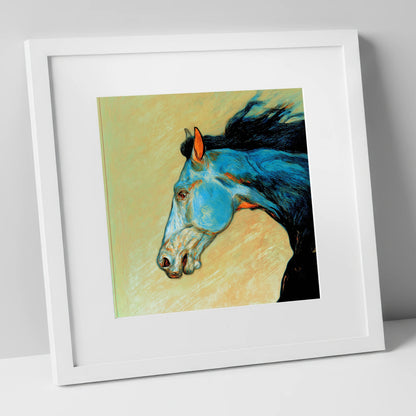 Cerulean Spirit racing horse art print in white frame