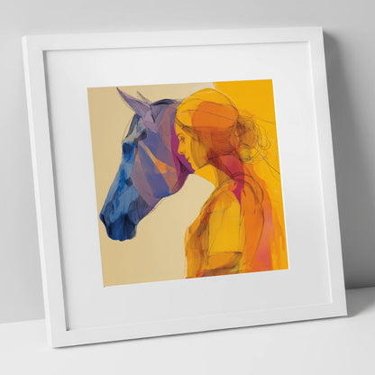 Vibrant Bond horse & rider art print in white frame
