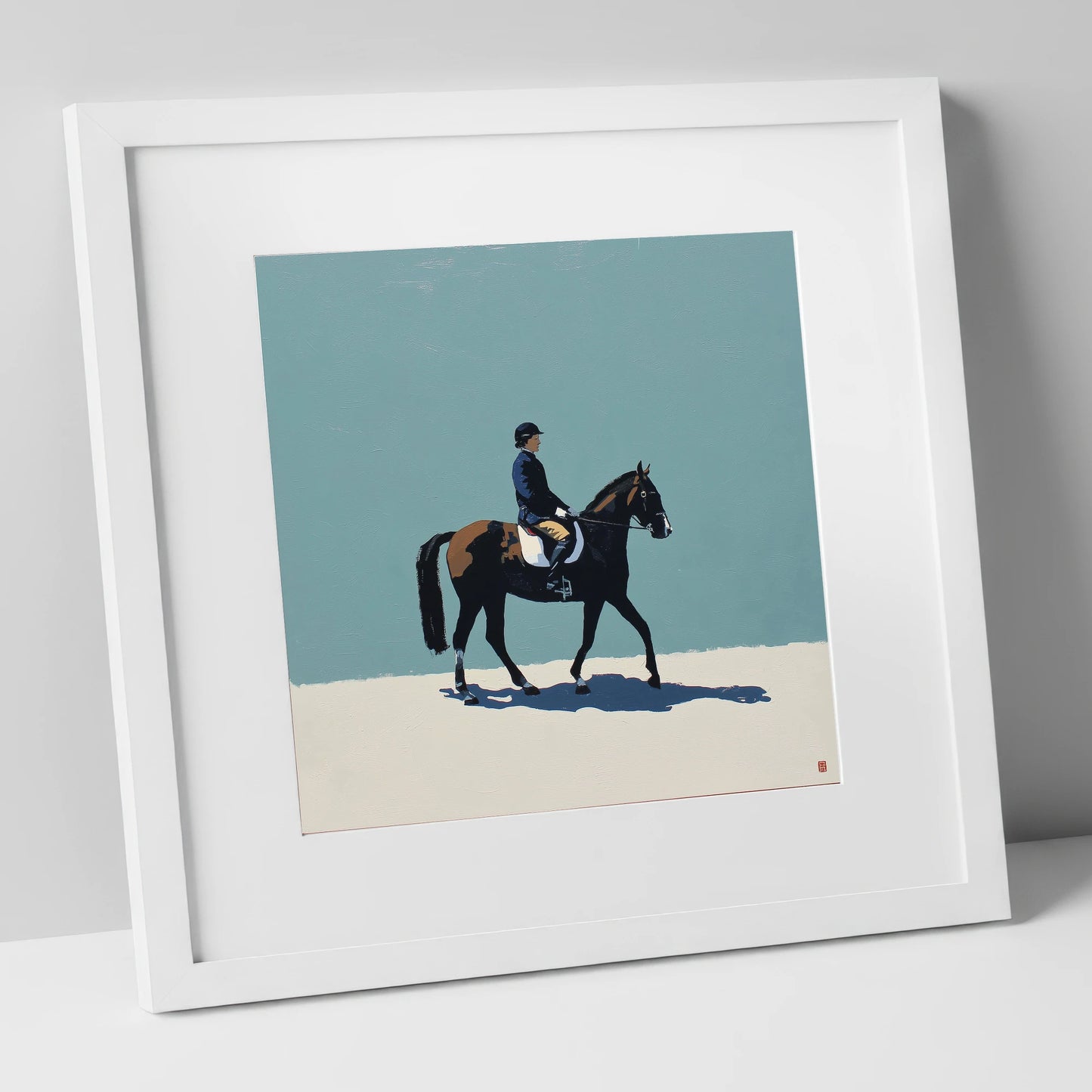 Serene Winter Dressage dressage horse art print in white frame