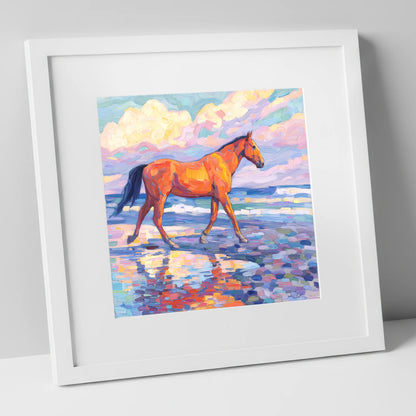 Vibrant Coastal Stroll horse landscape art print in white frame
